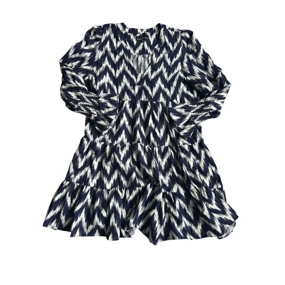 Pomander Place Navy White Ikat Kenzo Dress Chevron‎ Tiered Mini Women's Medium